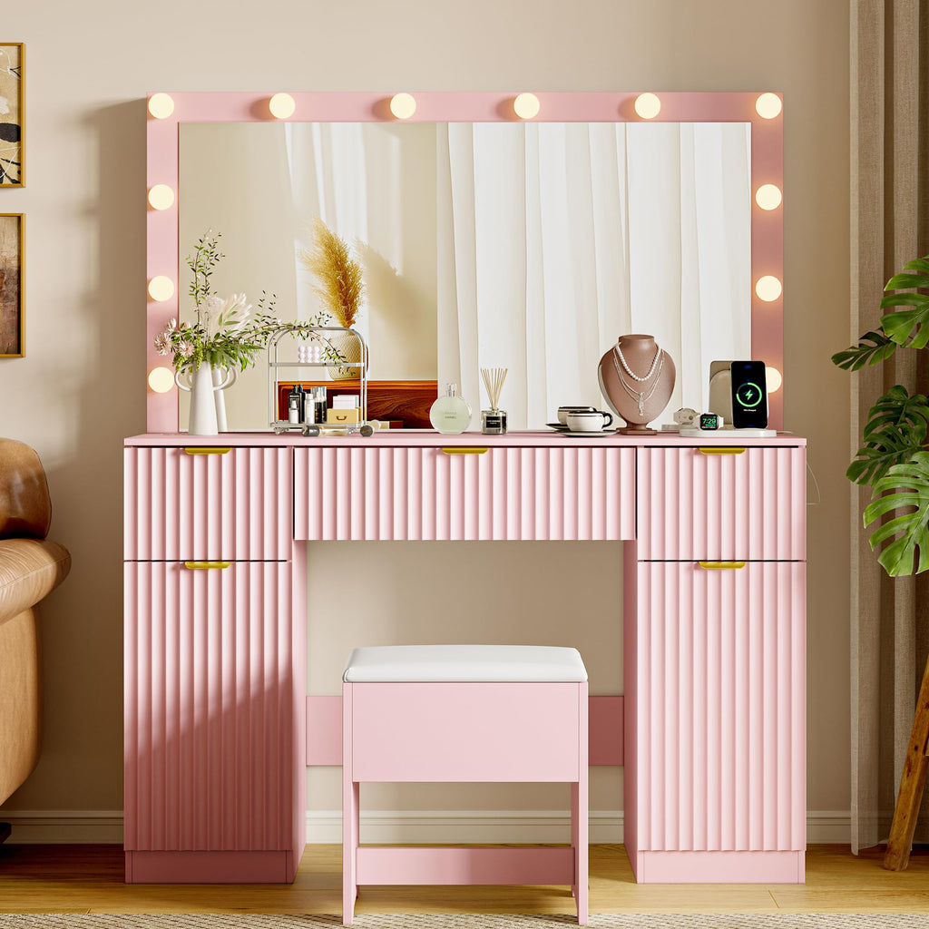 Makeup Vanity Desk with Mirror, Fluted Panel, Large LED Mirror, 3 Lighting Modes & Adjustable Brightness, Charging Station, Dressing Table with Stool