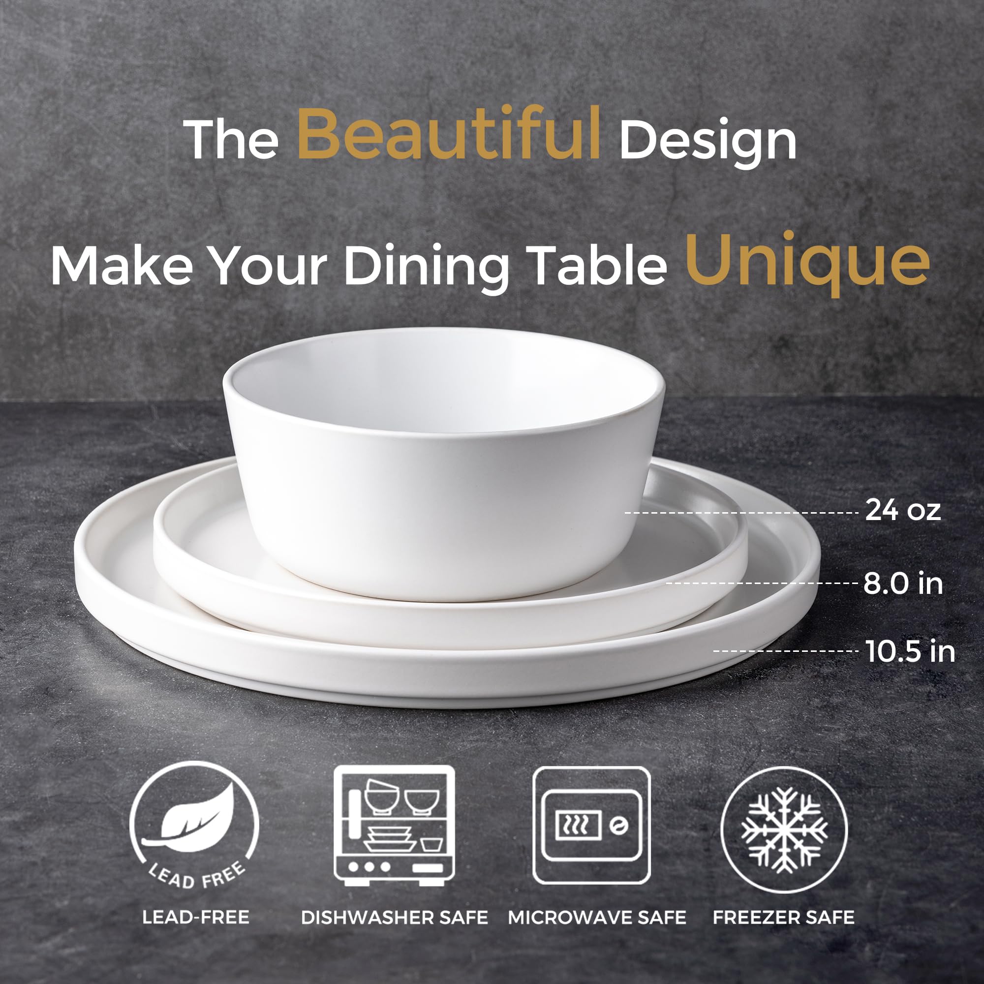 Ceramic Dinnerware Sets for 4, Modern Flat Stoneware Plates and Bowls Sets,Chip and Crack Resistant | Dishwasher & Microwave Safe Dishes Set, Scratch Resistant- Service for 4 (12pc)