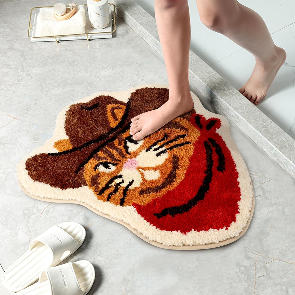 Funny Western Cat Bath Mat Non Slip Washable Floor Mat with Western Cat Design Soft Tufted Plush Doormat