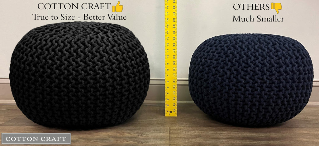Hand-Knitted Cotton Round Pouf â€?Braid Cord Ottoman, Footrest, and Accent Seat for Living Room, Nursery, Kids Room, or Dorm Décor â€?20x14