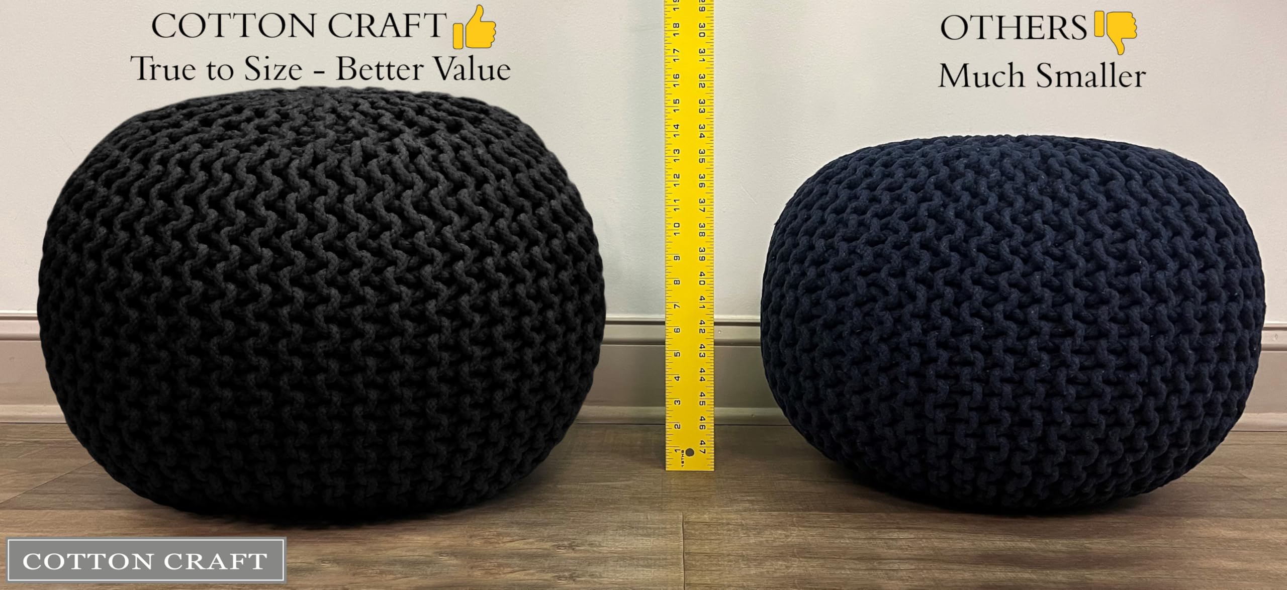 Hand-Knitted Cotton Round Pouf â€?Braid Cord Ottoman, Footrest, and Accent Seat for Living Room, Nursery, Kids Room, or Dorm Décor â€?20x14
