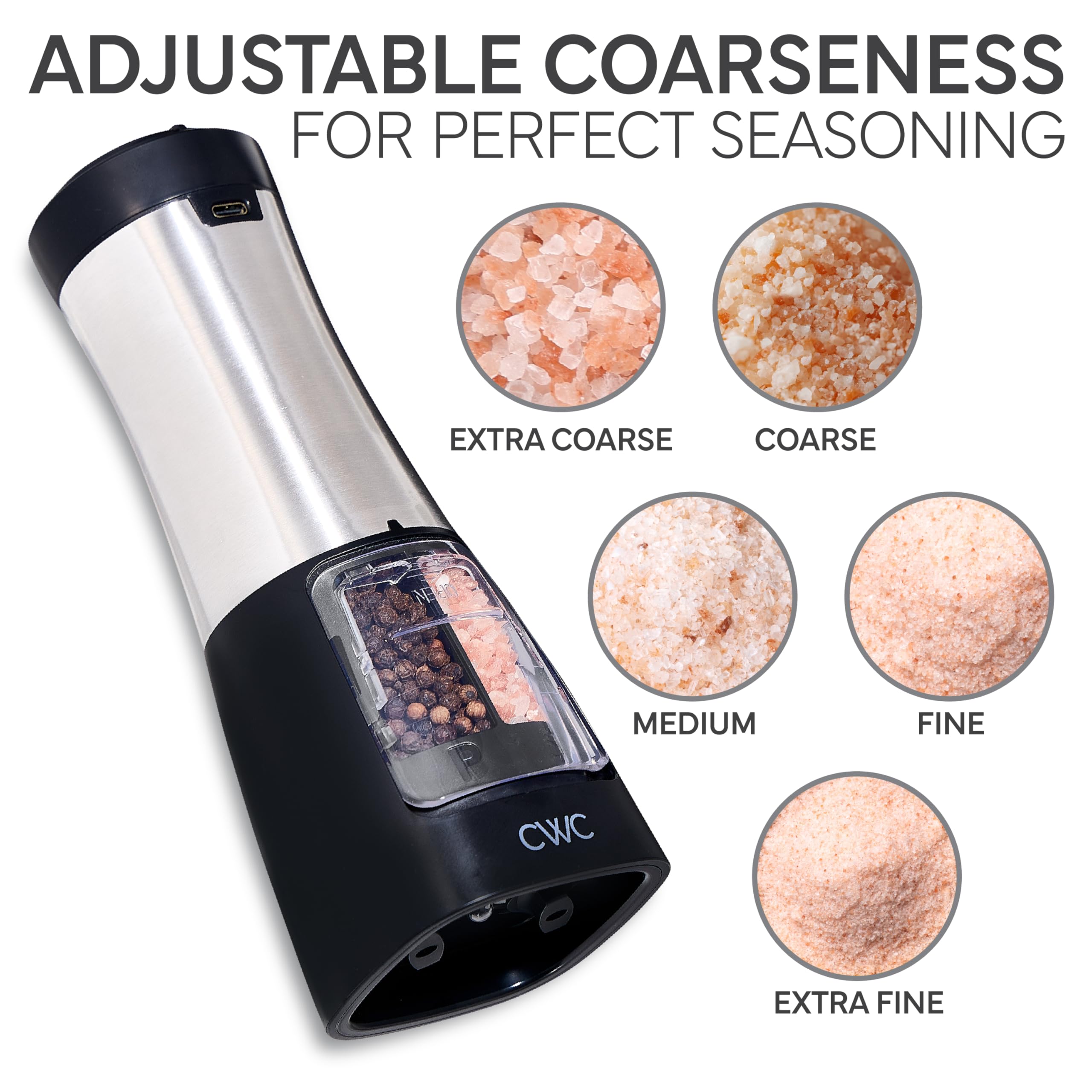 Rechargeable Salt & Pepper Shaker - 2-in-1 Grinders for Salt and Pepper