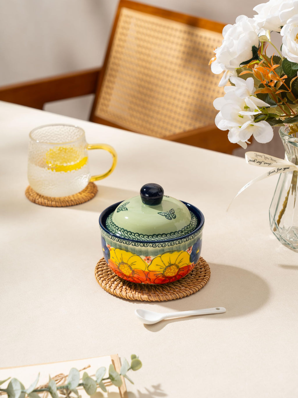 Handmade Sugar Bowl with Lid and Spoon, 10 Ounce Ceramic Hand-Painted Sugar Jar for Kitchen Oven, Dishwasher & Microwave Safe, Glazed