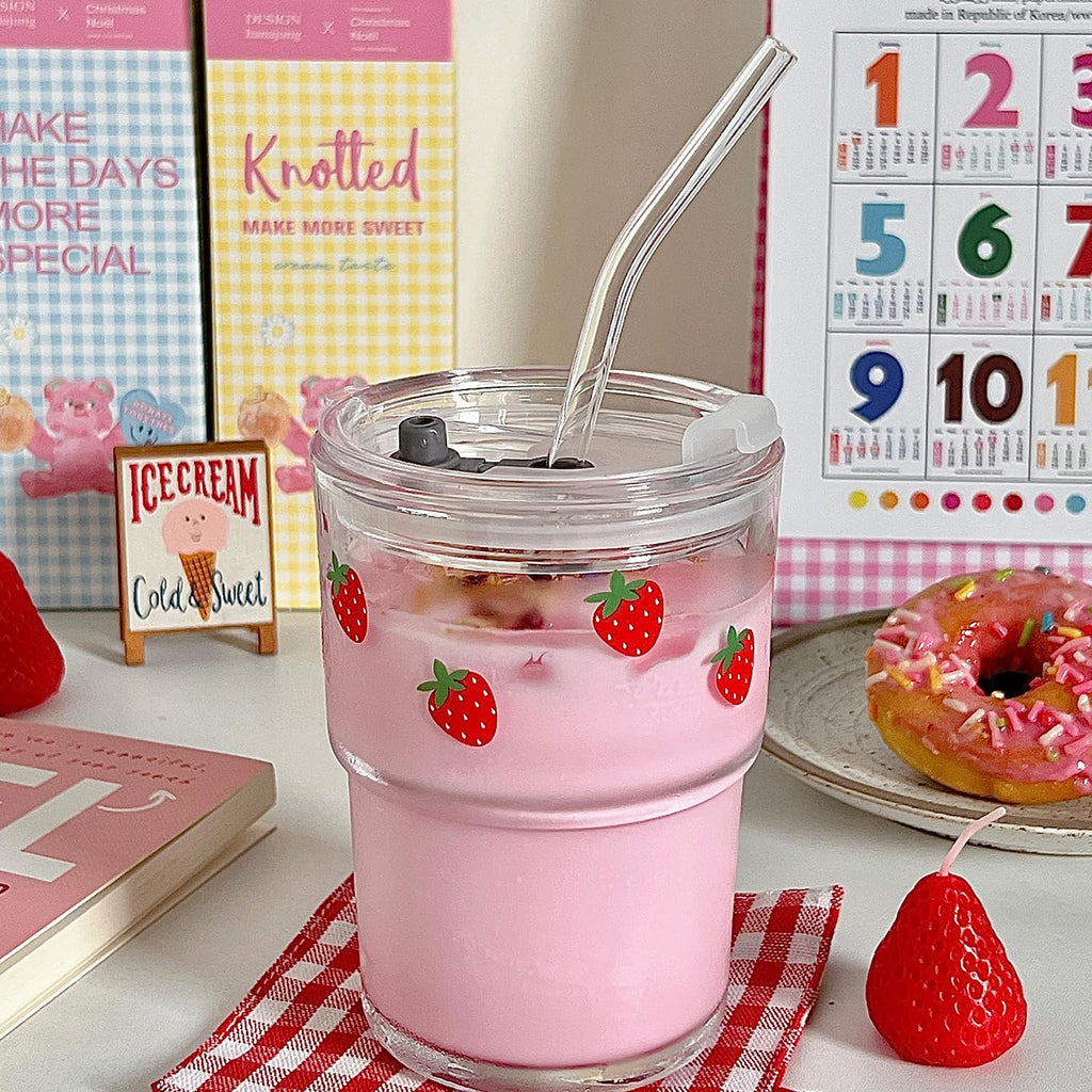 Glass Tumbler with Straw and Lid, Reusable Iced Coffee Cup Tumbler, Cute Glass Cups 13oz