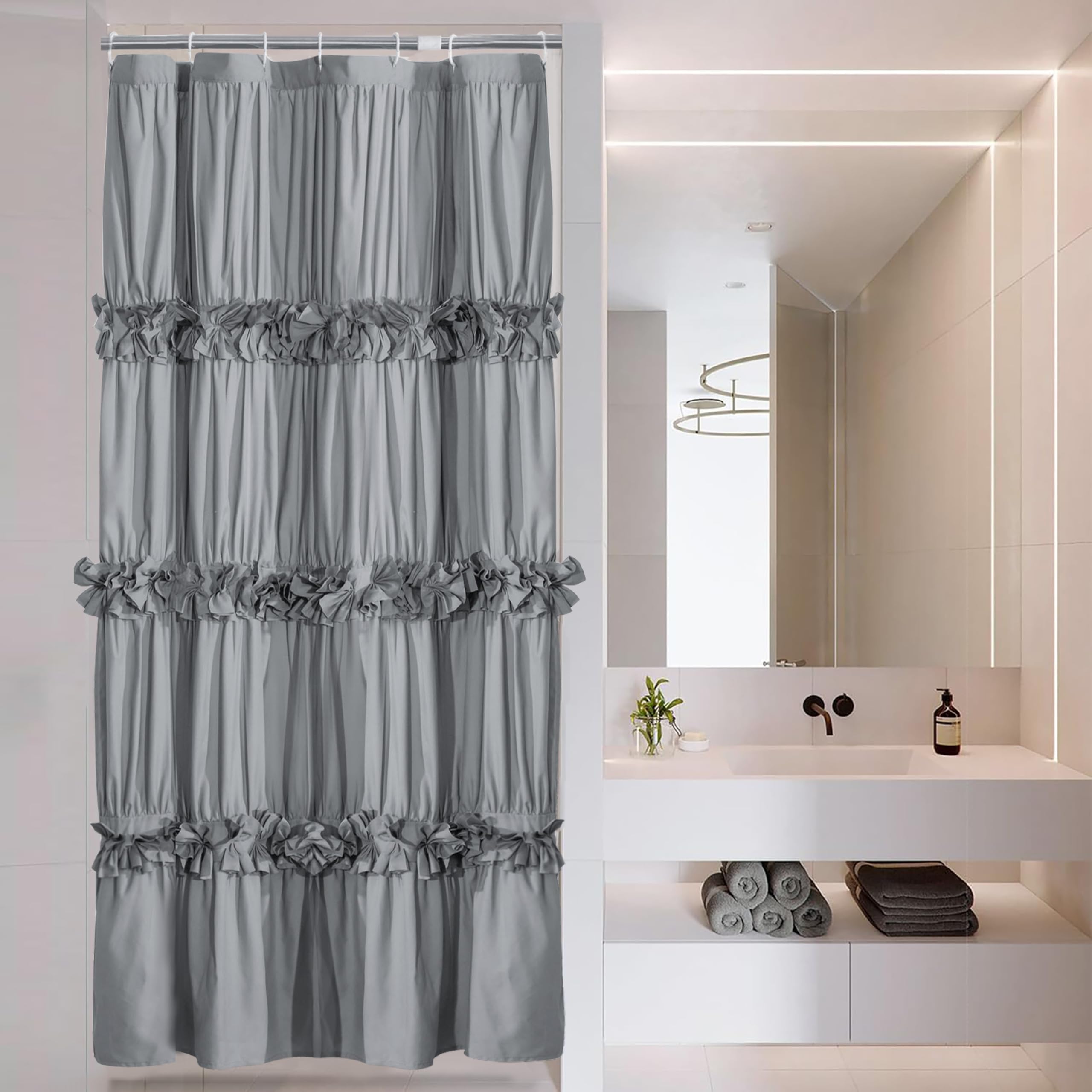 Victorian Bow Tie Ruffle Shower Curtain, with 12 Buttonholes, 72" W x 72" H, White (LQ-10)