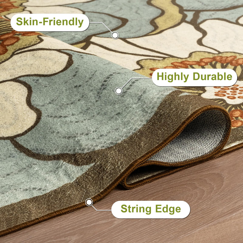Faux Wool Boho Floral Area Rug Abstract Print Soft Carpet, TPR Non-Slip Backing, Machine Washable Low Pile Rug
