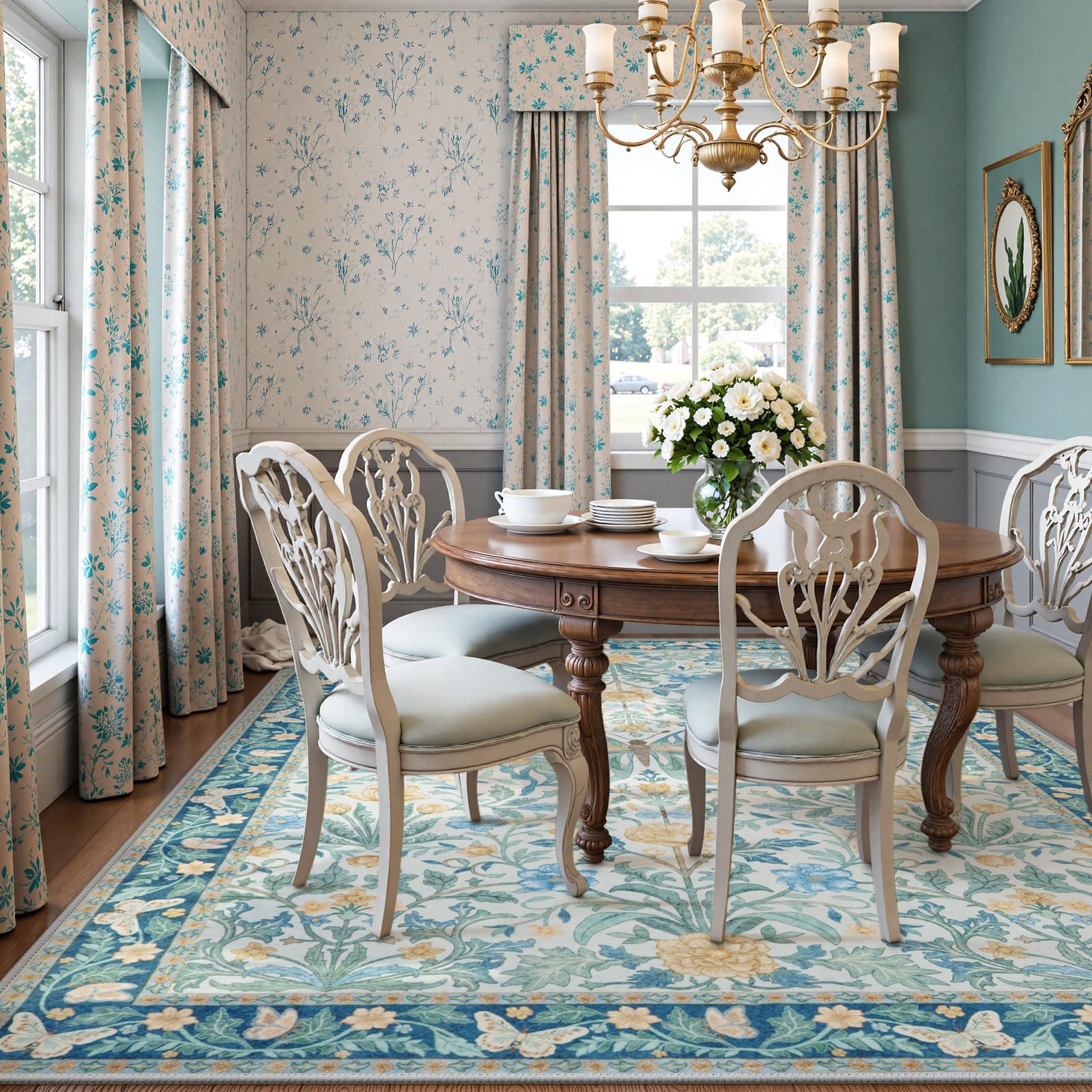 Vintage Floral Rug for Girls Bedroom Washable Non Slip, Soft Ultra Thin Boho Insect Carpet