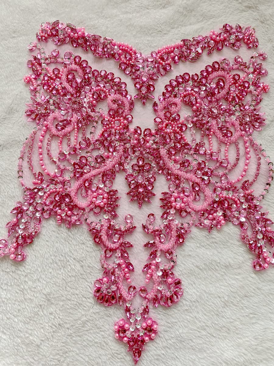 Handmade red/Blue/Gold/Green Rhinestones lace Bodice Applique Sewing Beads Crystal Trim Patches Accessory for Dress Clothes (Rose red)