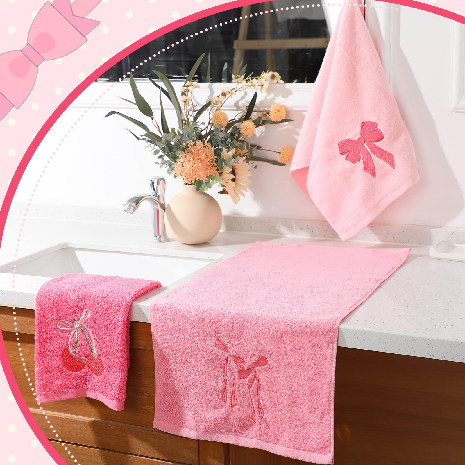 Coquette Bow Embroidered Decorative Towel 100% Cotton Soft Absorbent Kitchen Facecloth Preppy Bathroom Decor 3 Pcs, 13.7 x 29.5''