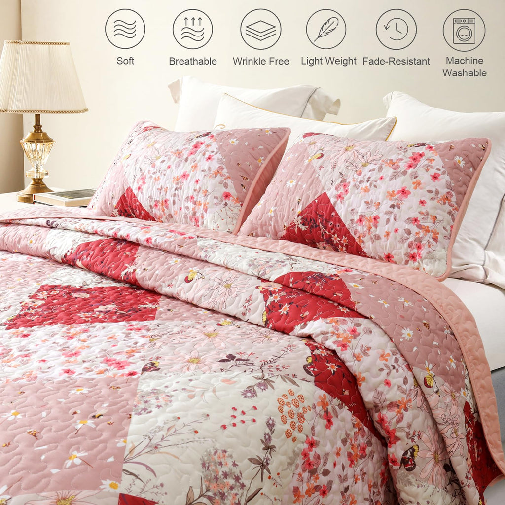 Reversible Patchwork Quilts Full Size, Lightweight Boho Printed Bedspreads Coverlets Quilt Bedding Set with 2 Pillow Shams