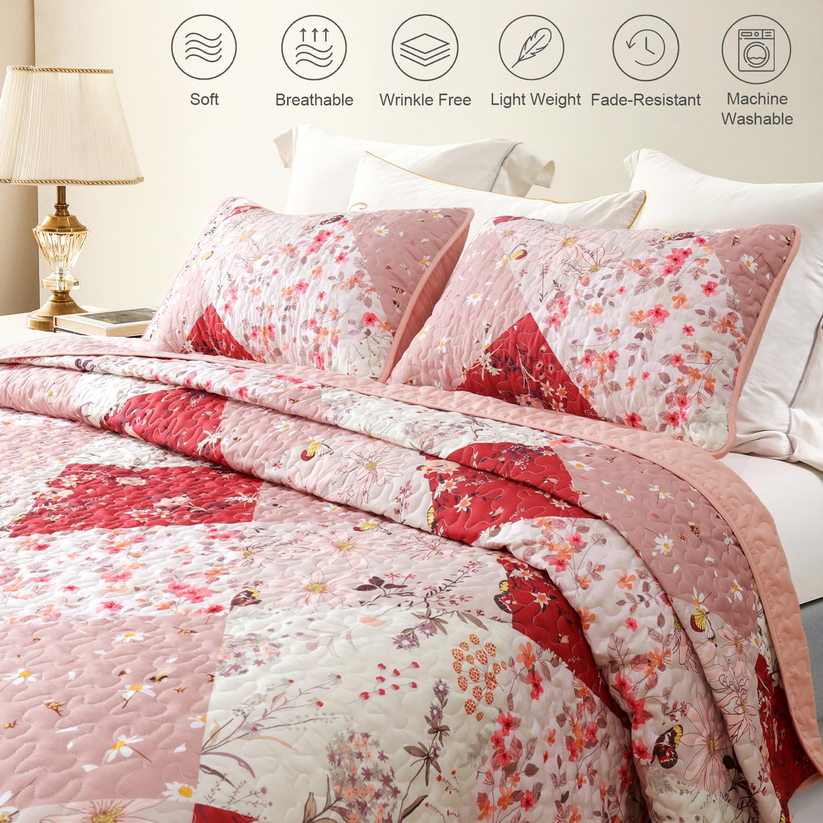 Reversible Patchwork Quilts Full Size, Lightweight Boho Printed Bedspreads Coverlets Quilt Bedding Set with 2 Pillow Shams