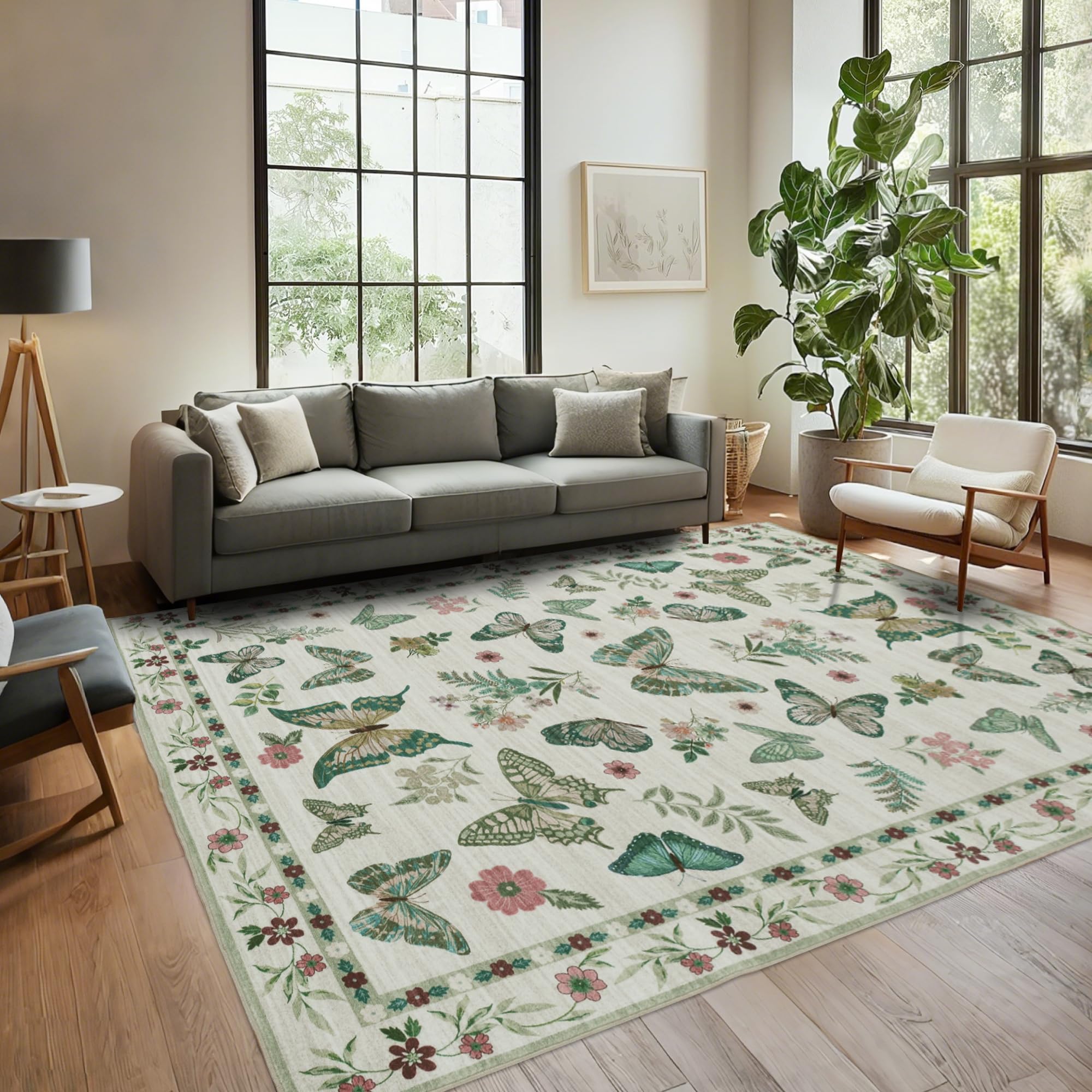 Insect Floral Area Rug, Machine Washable Area Rug Non-Slip Low Pile Large Bedroom Rug Stain Resistant Throw Rug Carpet