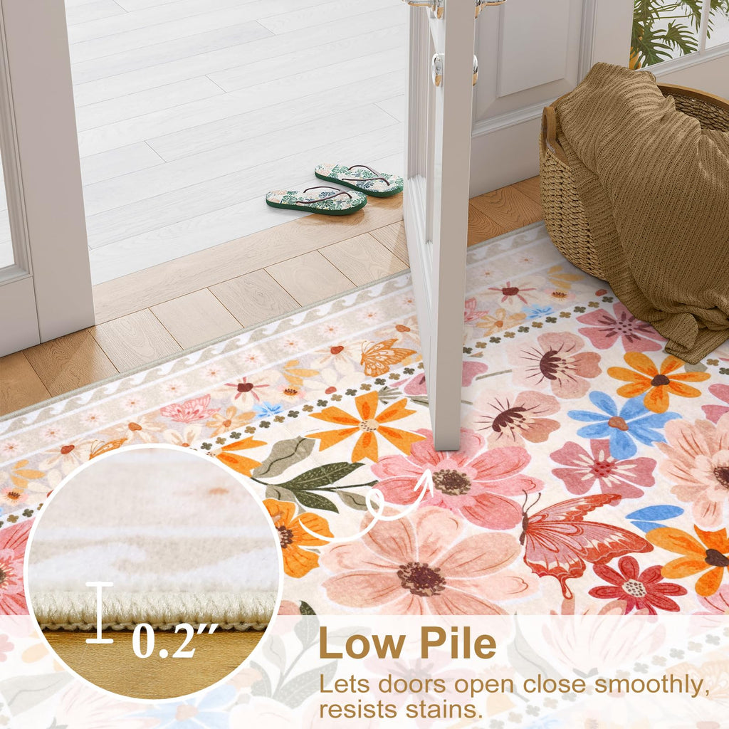 Floral Hallway Runner Rug, Runner Rugs Non Skid Washable, Low Pile Soft Boho Rugs