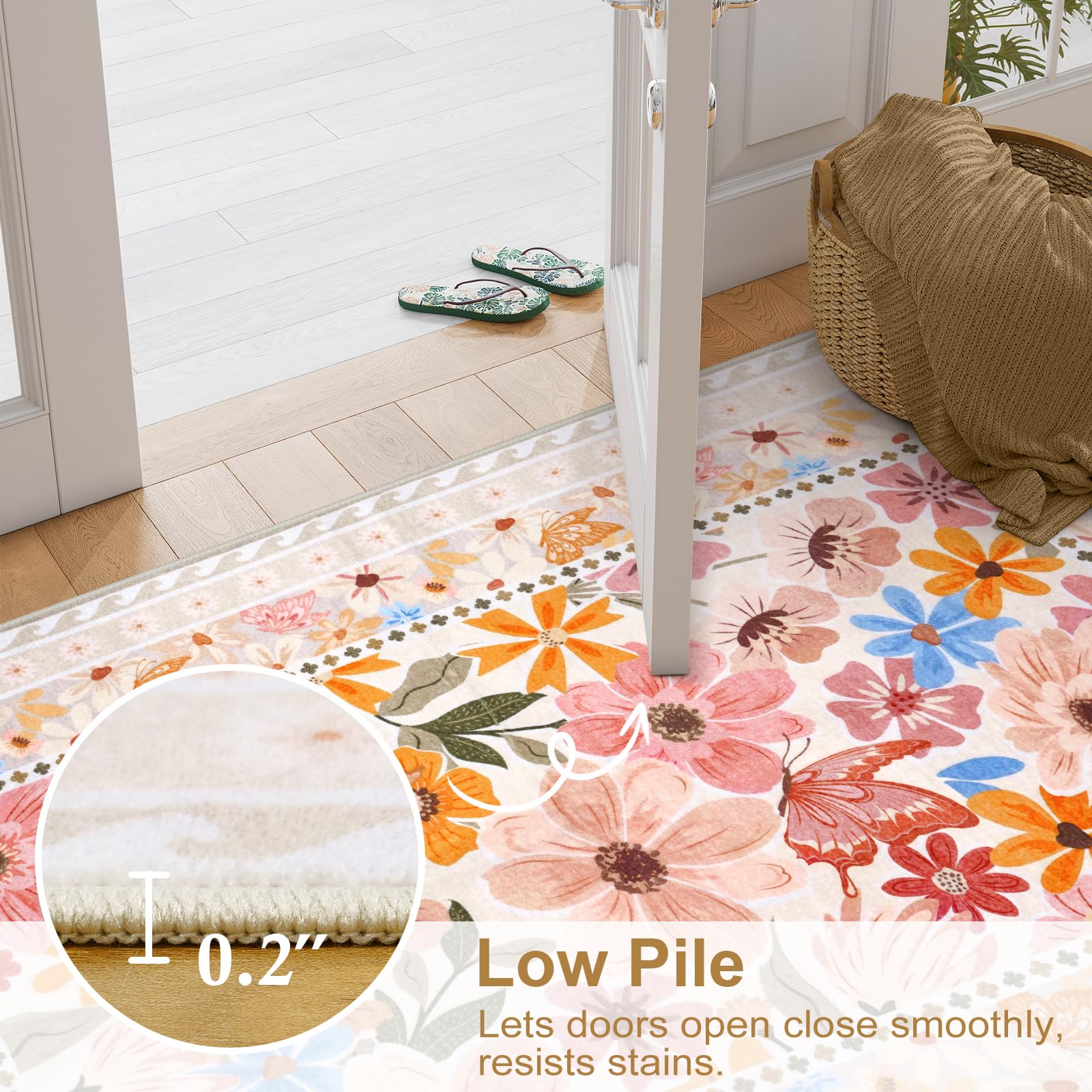 Floral Hallway Runner Rug, Runner Rugs Non Skid Washable, Low Pile Soft Boho Rugs