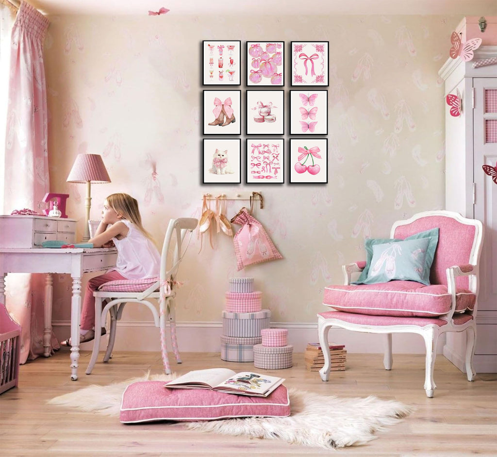 Pink Bows Canvas Wall Art Trendy Coquette Bow Cute Cat Wall Decor