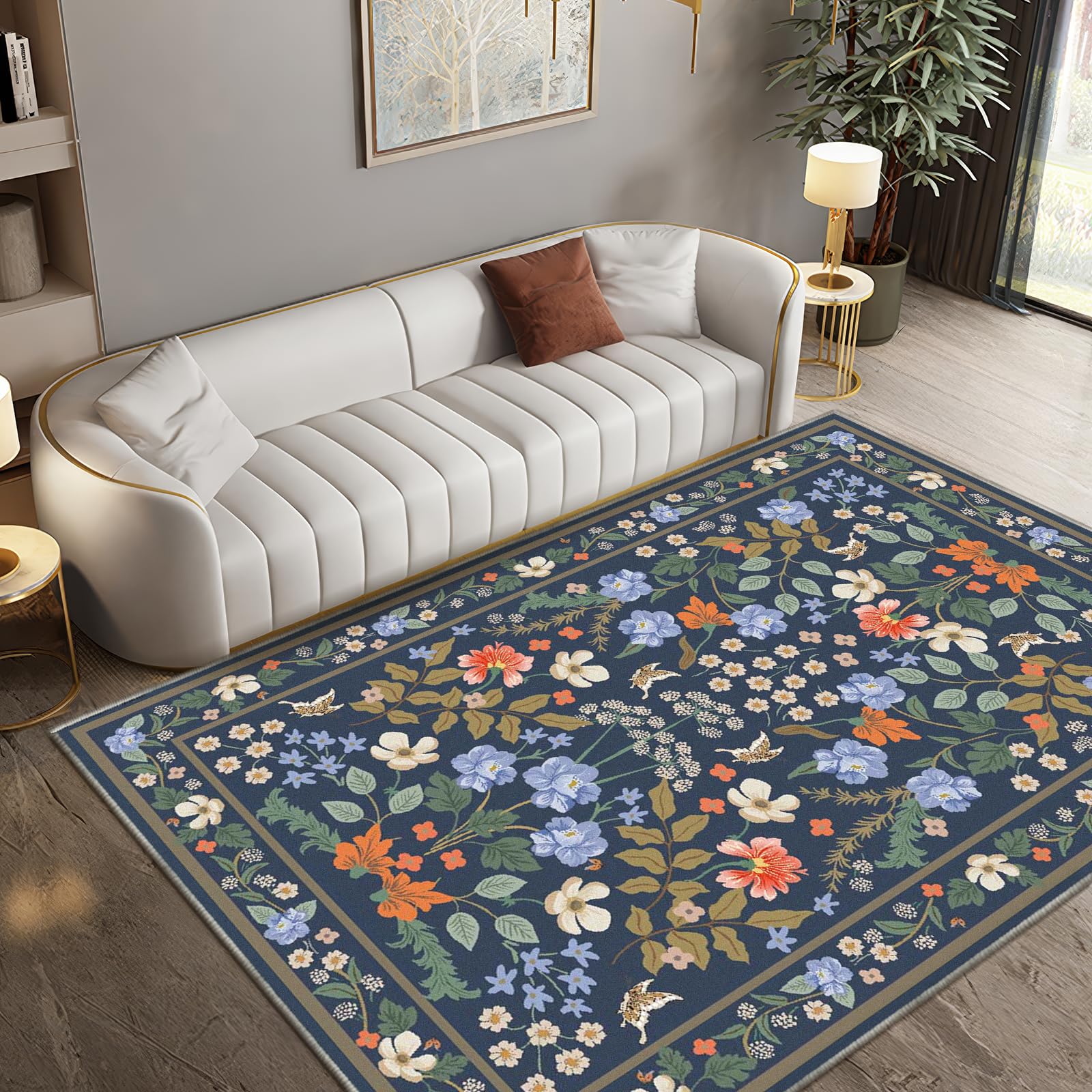 Washable Area Rug Non-Slip Area Rugs for Bedroom Soft Faux Wool Floral Rug with Rubber Backing Indoor Boho Area Rug