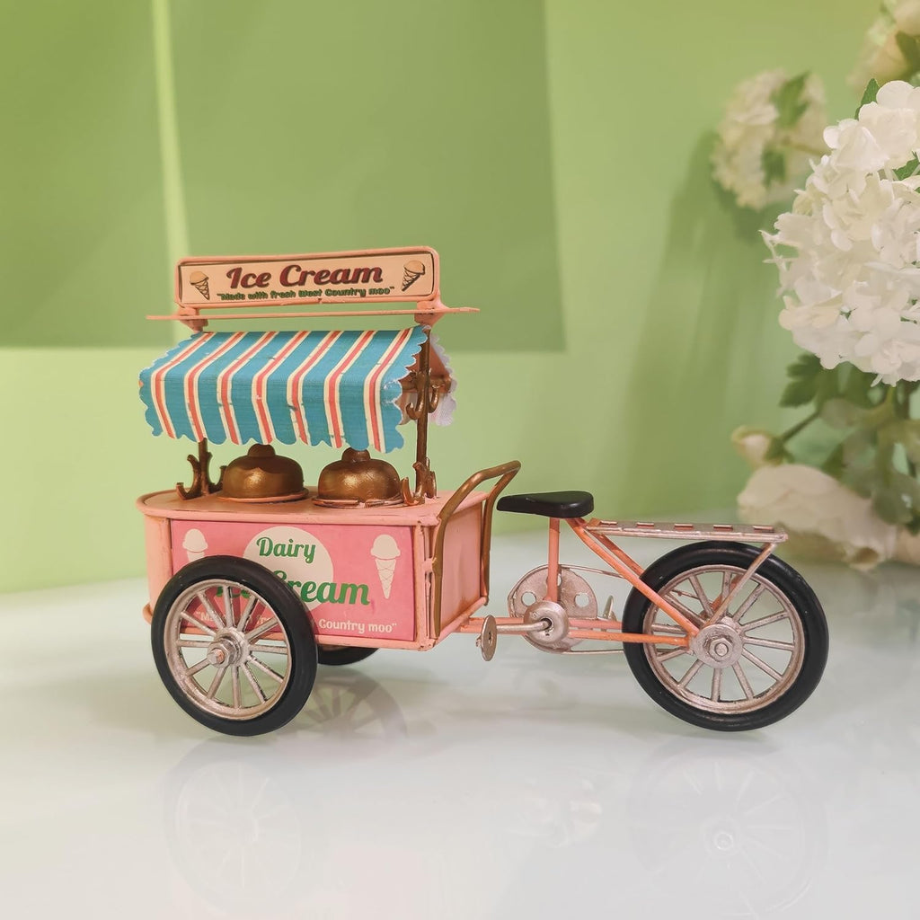 Pink Miniature Ice-Cream Tricycle Bike Model Ice Cream Cart Handmade Retro Home Decoration