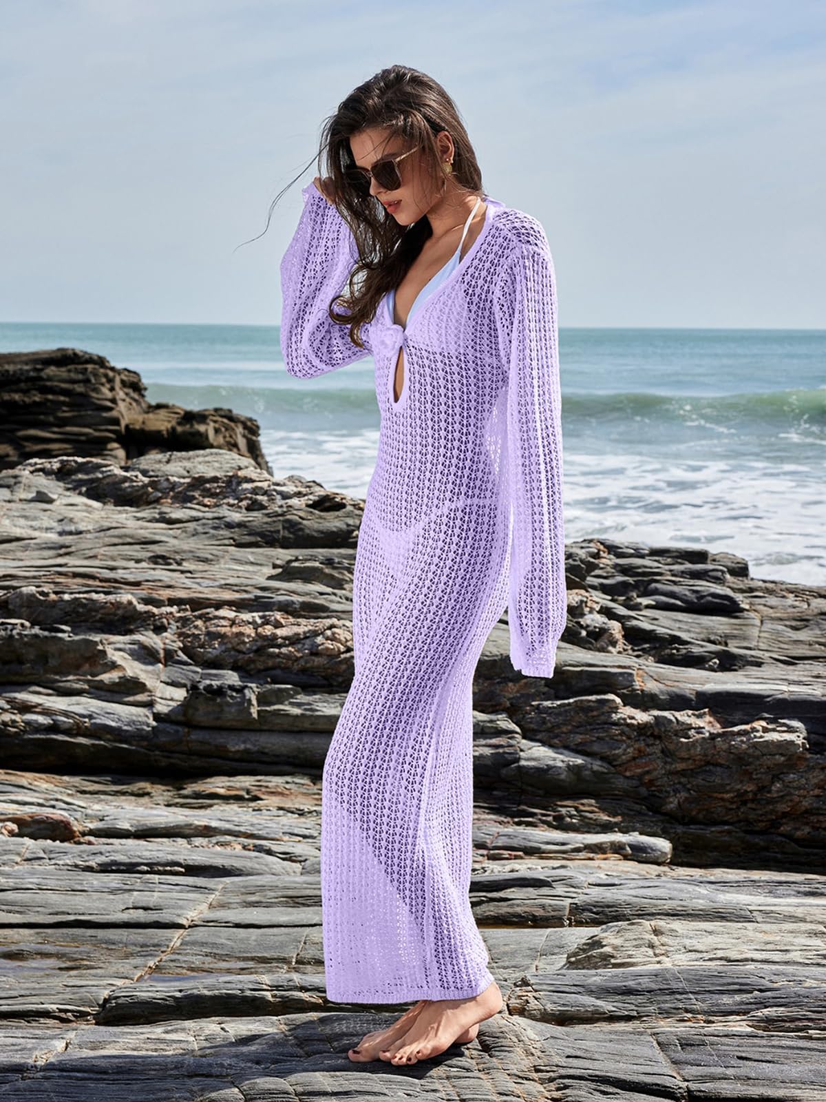 Women's Knitted Swimsuit Cover Up 3D Floral Hollow Out Open Back Tie-Up Maxi Dress Beachwear Coverup Dresses