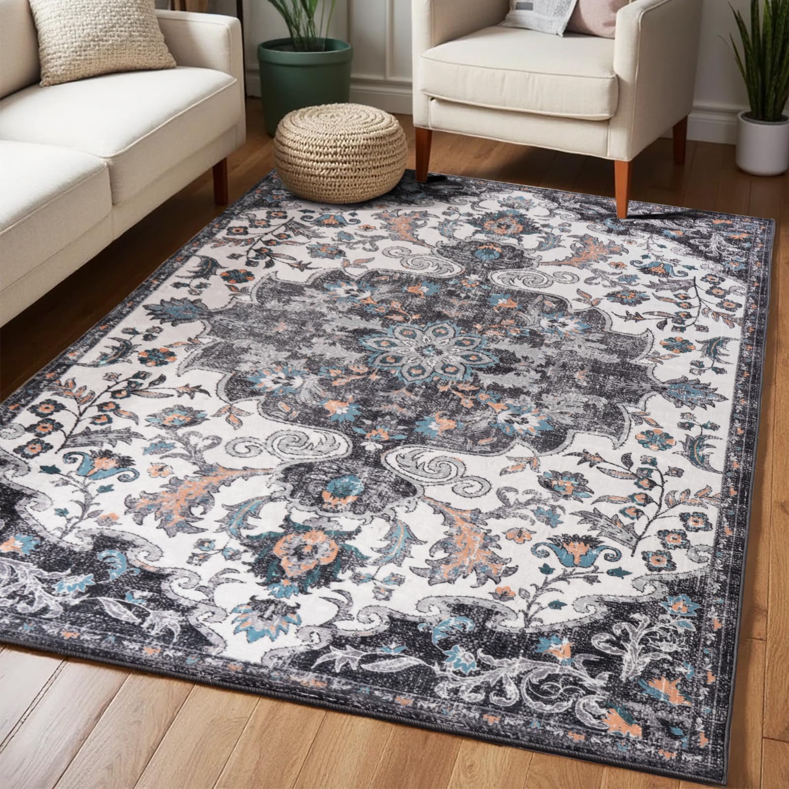 Washable Area Rugs Door Mat Entryway Vintage Floral Non-Slip Low Pile Entrance Thin Rug Carpet for Kitchen Bathroom Living Room Pink