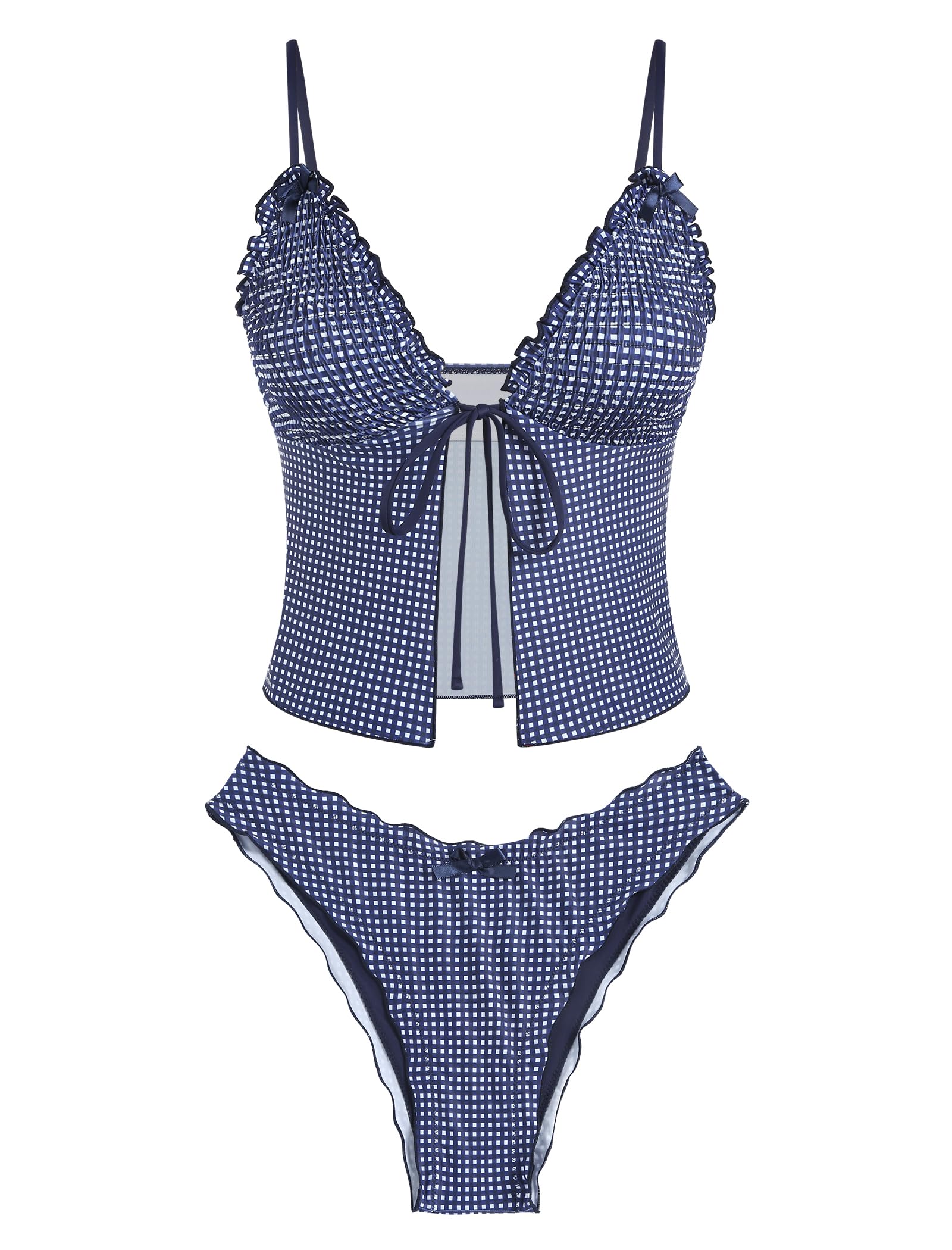 Tankini Swimsuits for Women Smocked Ruffles Tie Front Bowknot Textured High Cut Tanga Tankini Set
