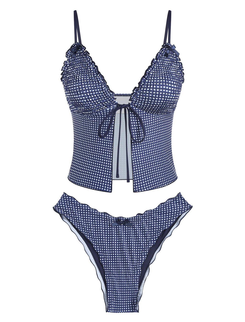 Tankini Swimsuits for Women Smocked Ruffles Tie Front Bowknot Textured High Cut Tanga Tankini Set