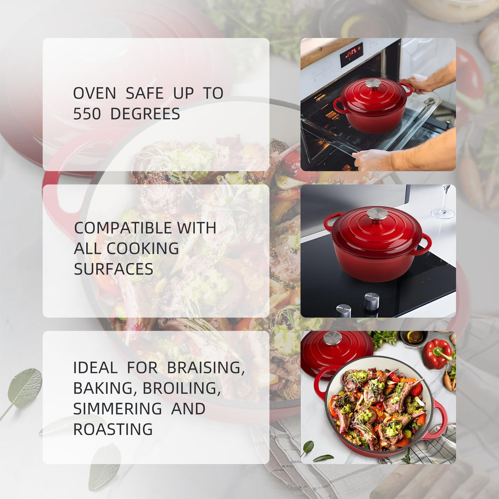 Enameled Cast Iron Dutch Oven with Lid - Big Dual Handles - Round Pot for Versatile Cooking 6 Quart