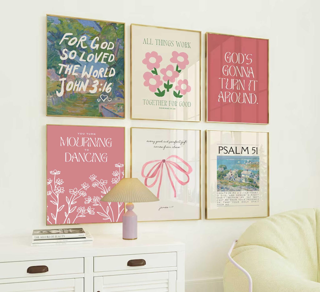 Wall Art Pink Bow Verse Canvas Paintings Decor 6Pcs