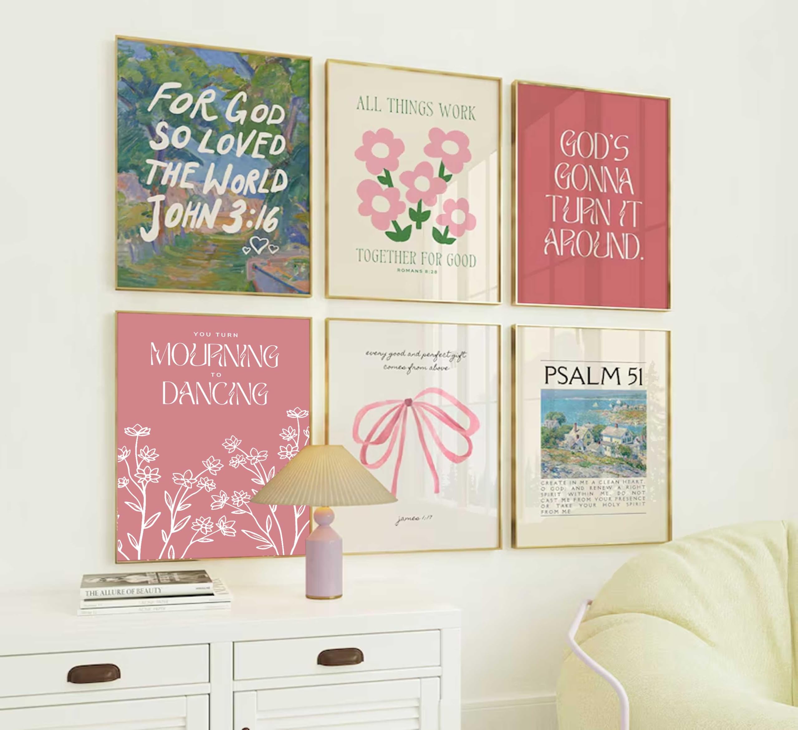 Wall Art Pink Bow Verse Canvas Paintings Decor 6Pcs