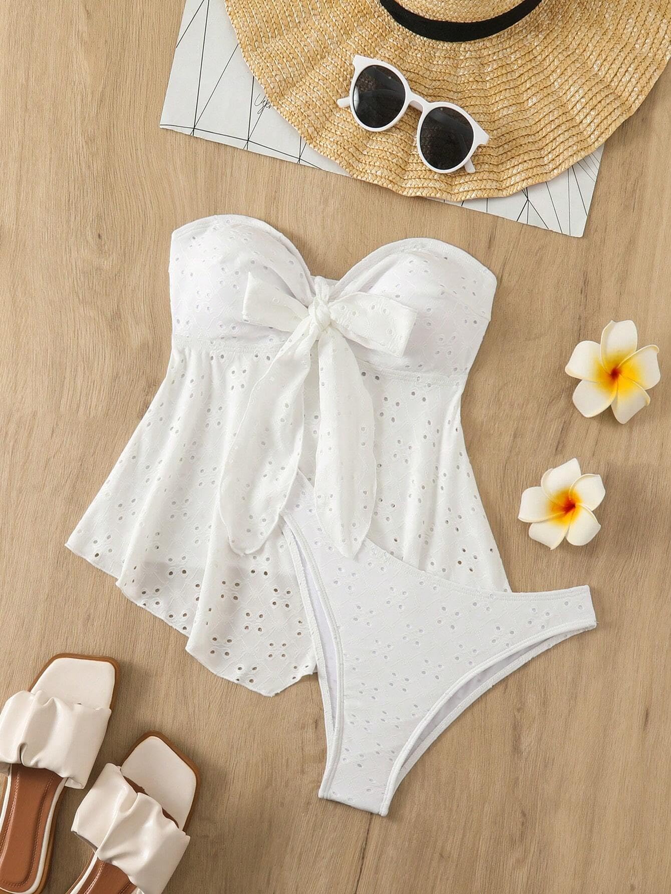 Women's Bandeau Tankini Swimsuit Asymmetrical Slit Bowknot String High Cut Fairyland Cheeky Bathing Suit