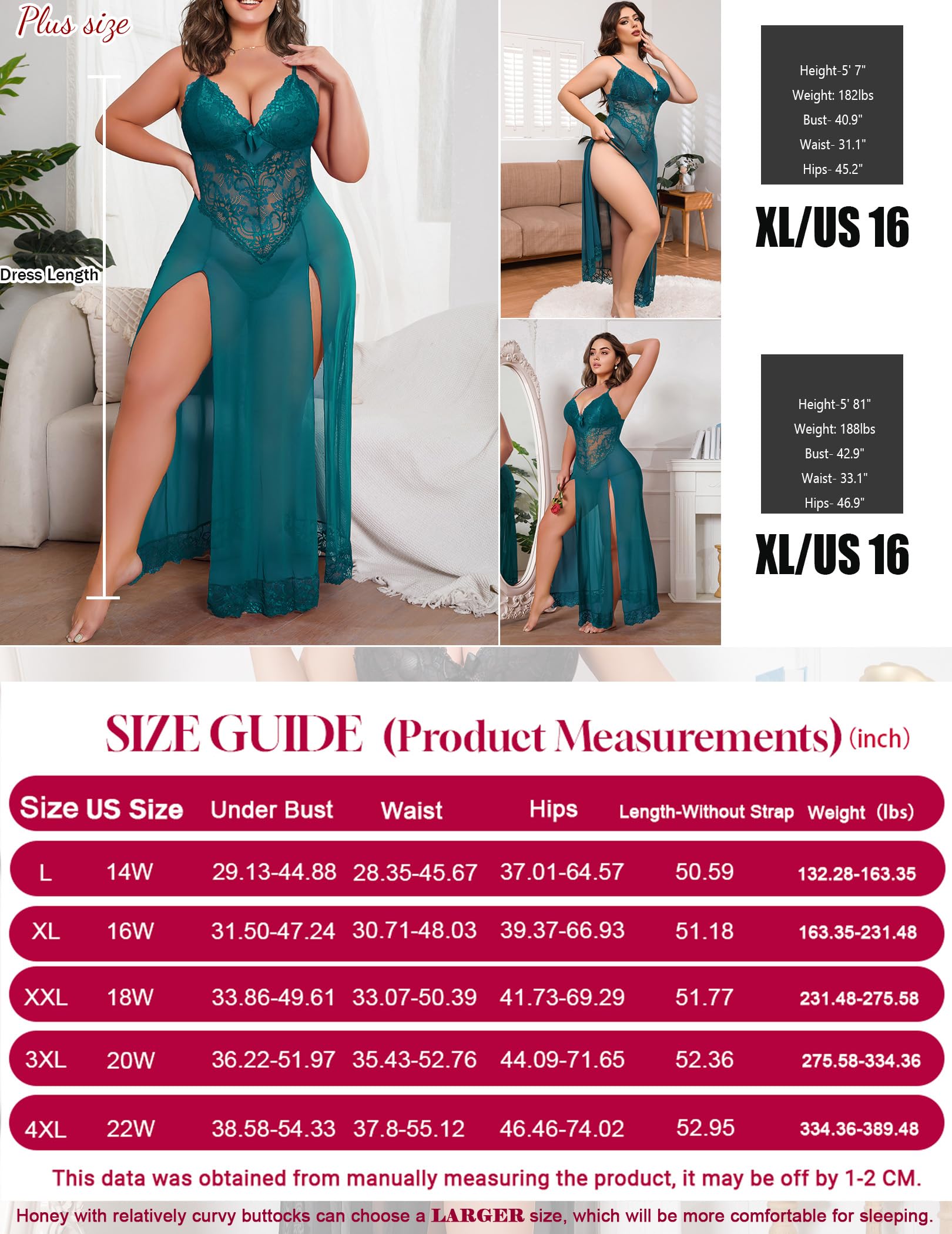 Plus Size Lingerie For Women Babydoll Sexy Mesh Maxi Nightdress Exotic Sleepwear Side Slits