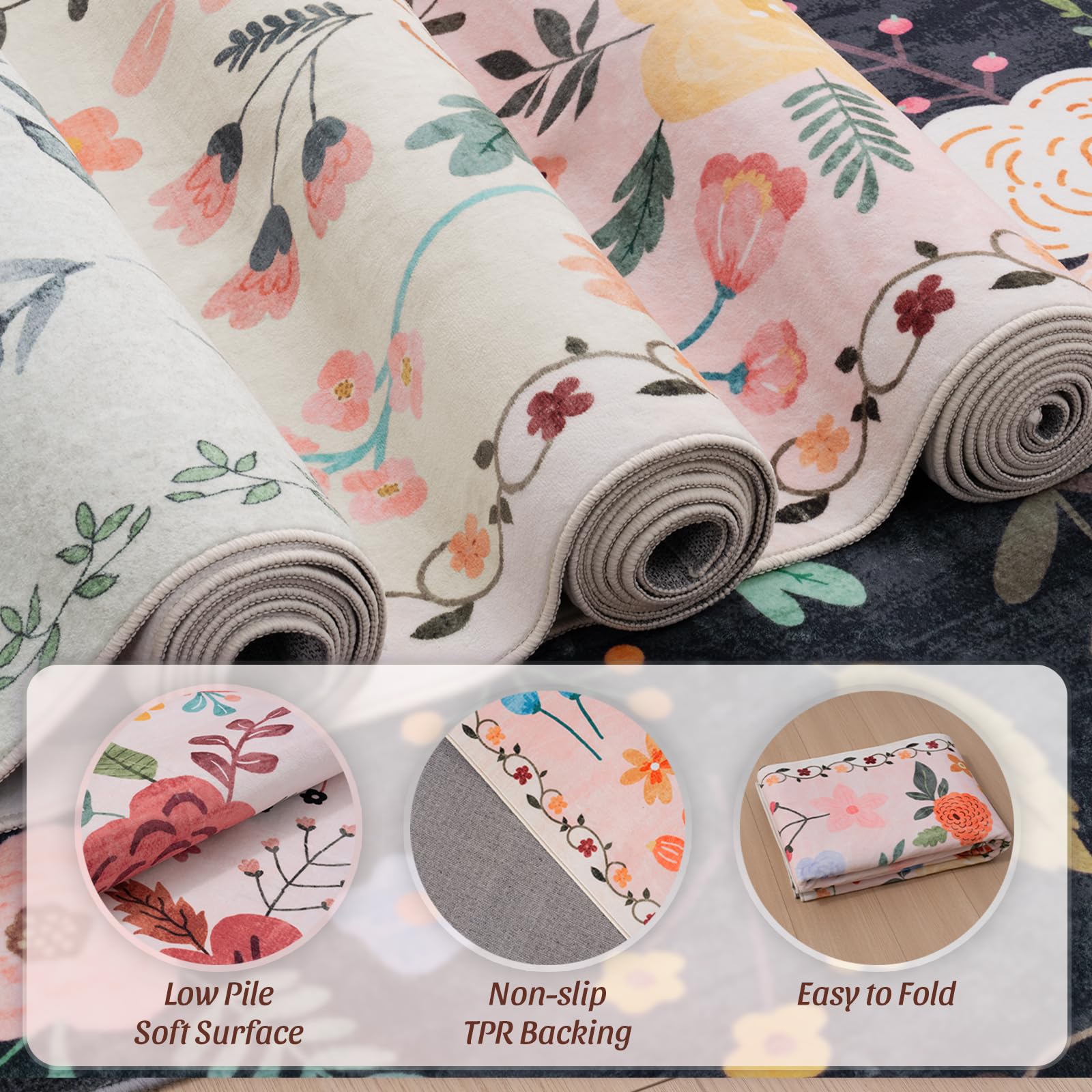 Washable Floral Rugs with Non Slip Backing, Stain Resistant, Floral Soft Low-Pile