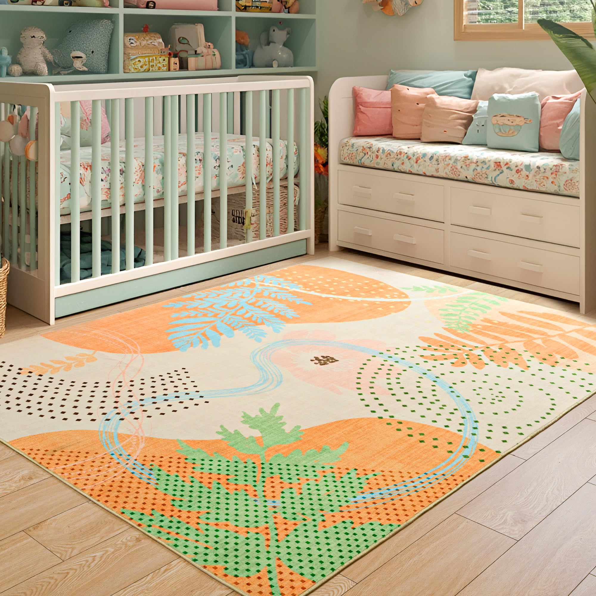 Faux Wool Boho Floral Area Rug Abstract Print Soft Carpet, TPR Non-Slip Backing, Machine Washable Low Pile Rug