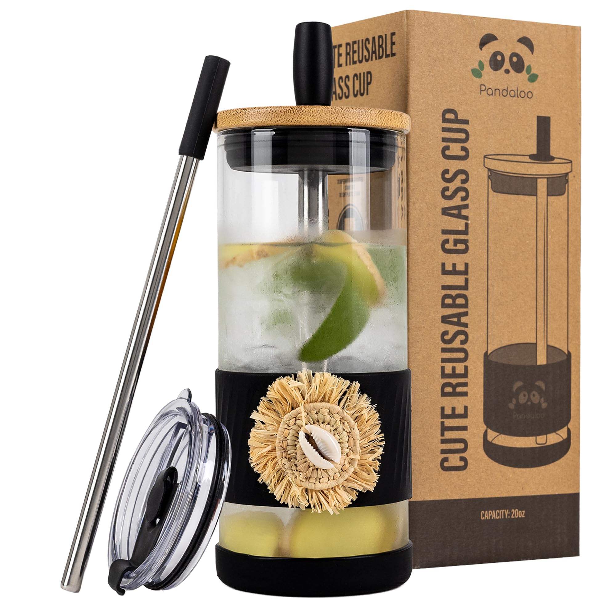 Pandaloo® Glass Cups With Lids and Straws -20 Fl Oz- Perfect Size Iced Coffee Cup - Smoothie Cup With Bamboo Lid and On the go Lid - Glass Tumbler With Straw