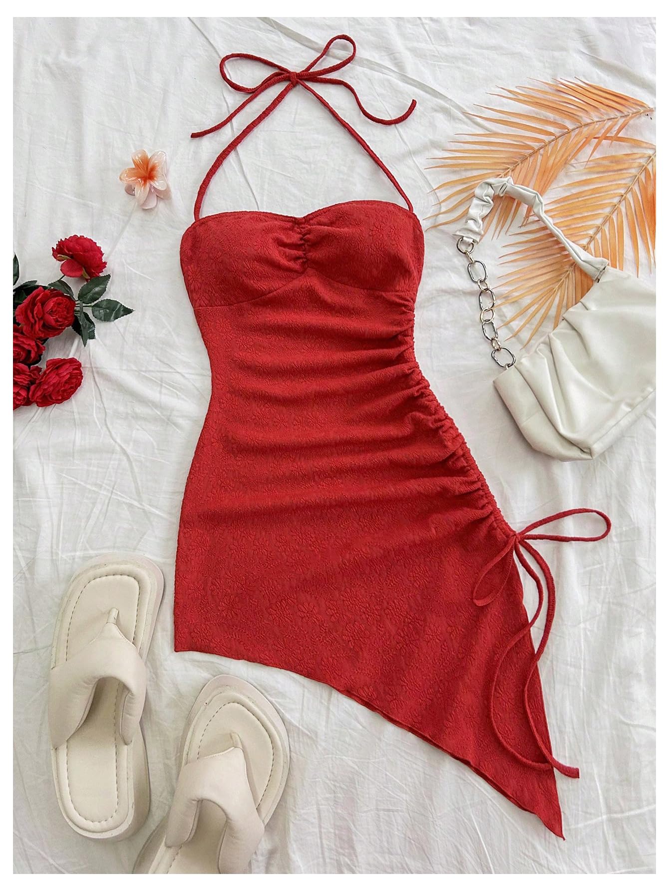 Women's Floral Print Halter Dress Sleeveless Drawstring Asymmetrical Hem Bodycon Dress