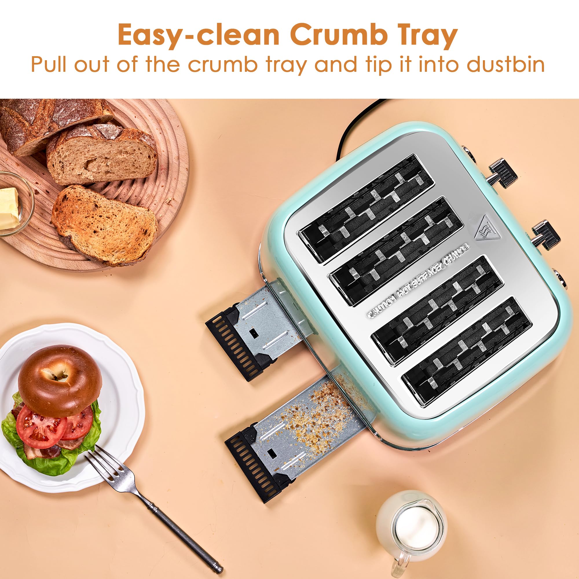 Toaster 4 Slice Retro Stainless Steel with Extra Wide Slots, Reheat Function, Dual Independent Control Panel, Removable Crumb Tray, 6 Browning Levels