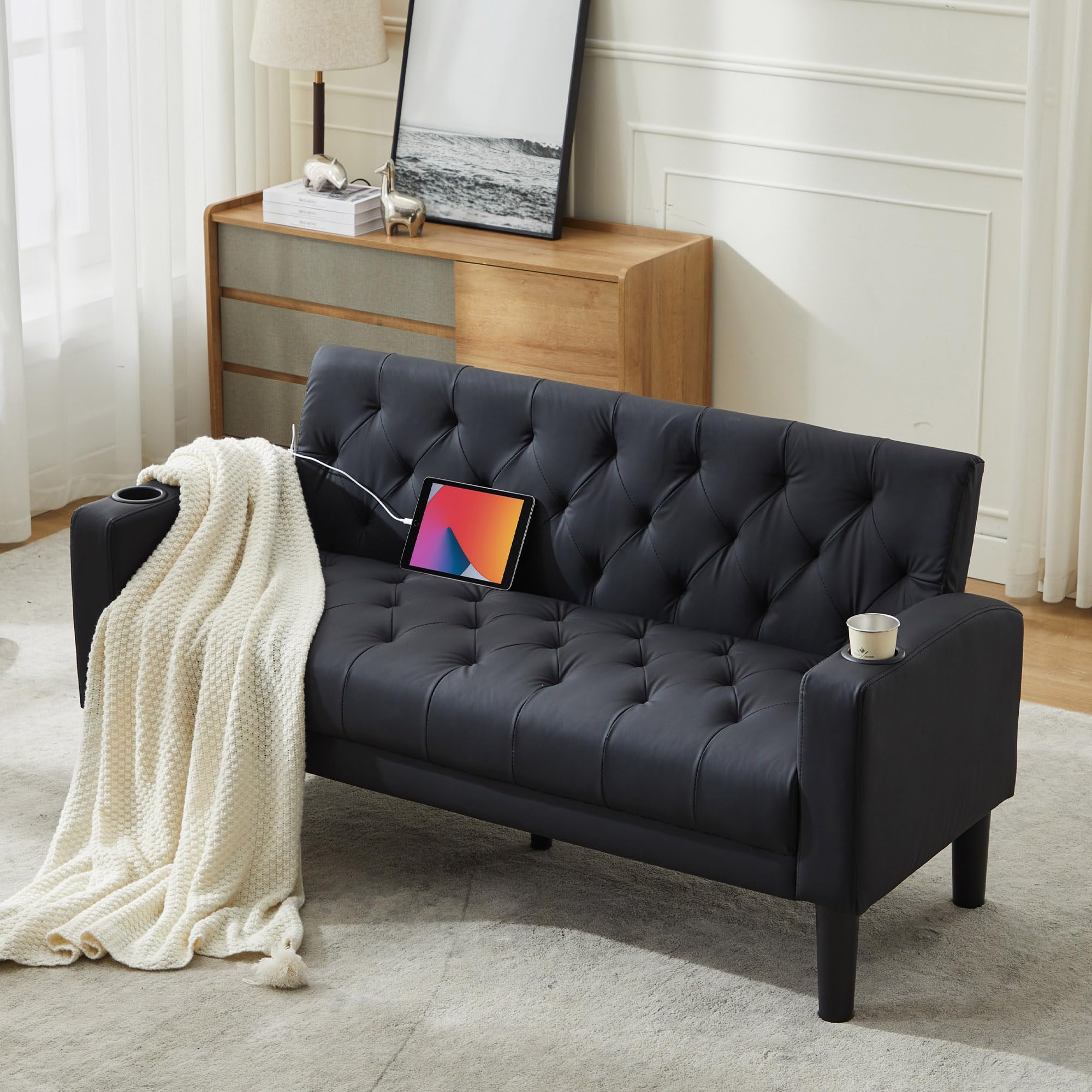 Velvet Loveseat Sofa w/ 2 USB Charger Ports and 2 Cupholders, Mid-Century Modern Tufted