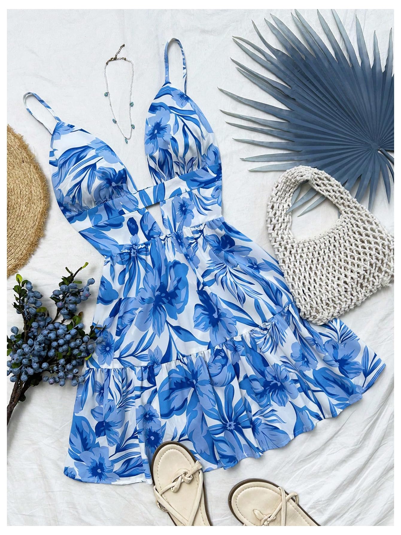 Women's Sleeveless Butterfly Print Cut Out V Neck Tiered Mini Cami Dresses