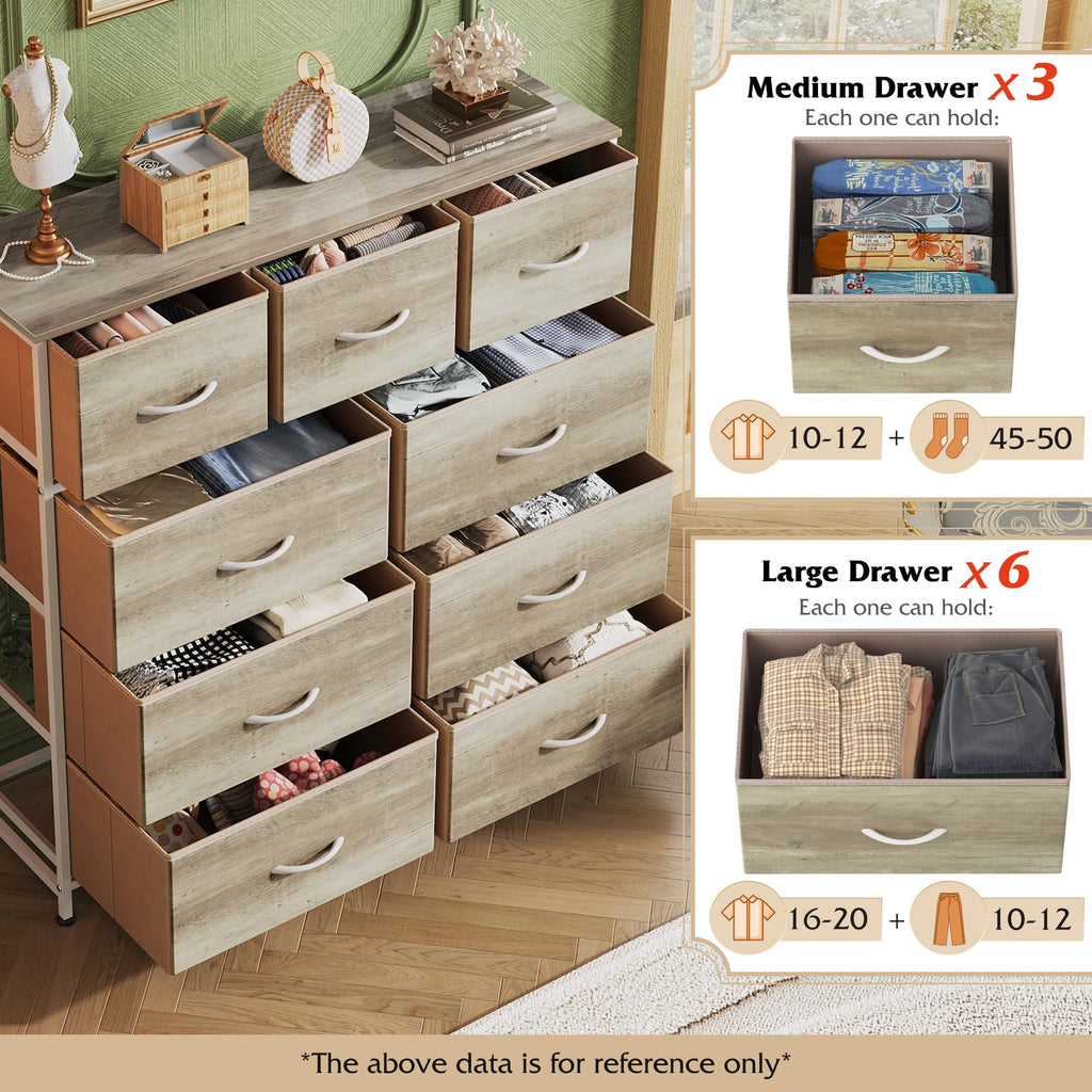 Drawer Fabric 9 Dresser â€?Tall Storage Tower with Bins, Steel Frame, and Wood Top
