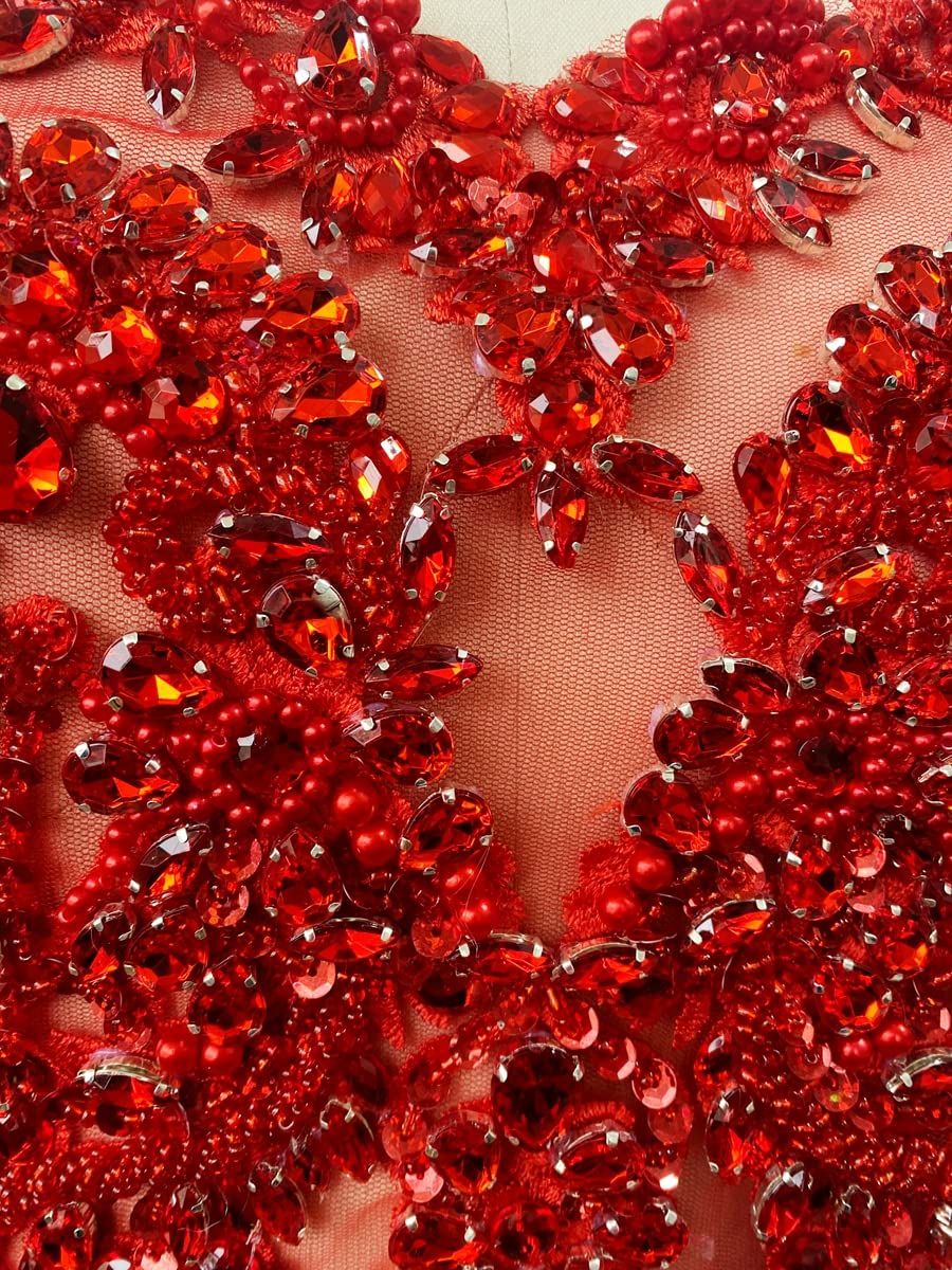 Handmade red/Blue/Gold/Green Rhinestones lace Bodice Applique Sewing Beads Crystal Trim Patches Accessory for Dress Clothes (Rose red)