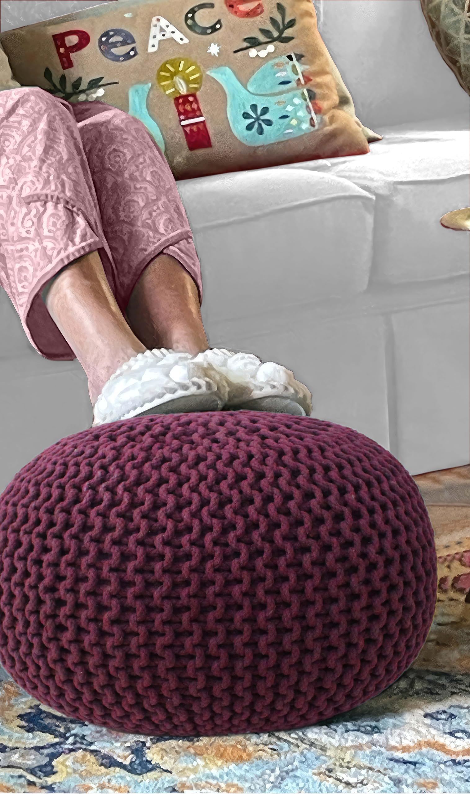 Hand-Knitted Cotton Round Pouf â€?Braid Cord Ottoman, Footrest, and Accent Seat for Living Room, Nursery, Kids Room, or Dorm Décor â€?20x14