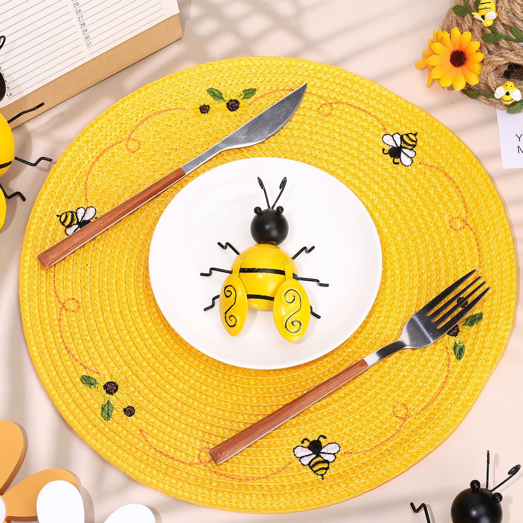 Whaline 4Pcs Round Placemats Pink Bow Embroidered Place Mats Coquette Bow Dinner Table Mats for Home Wedding Baby Shower Birthday Party Decor