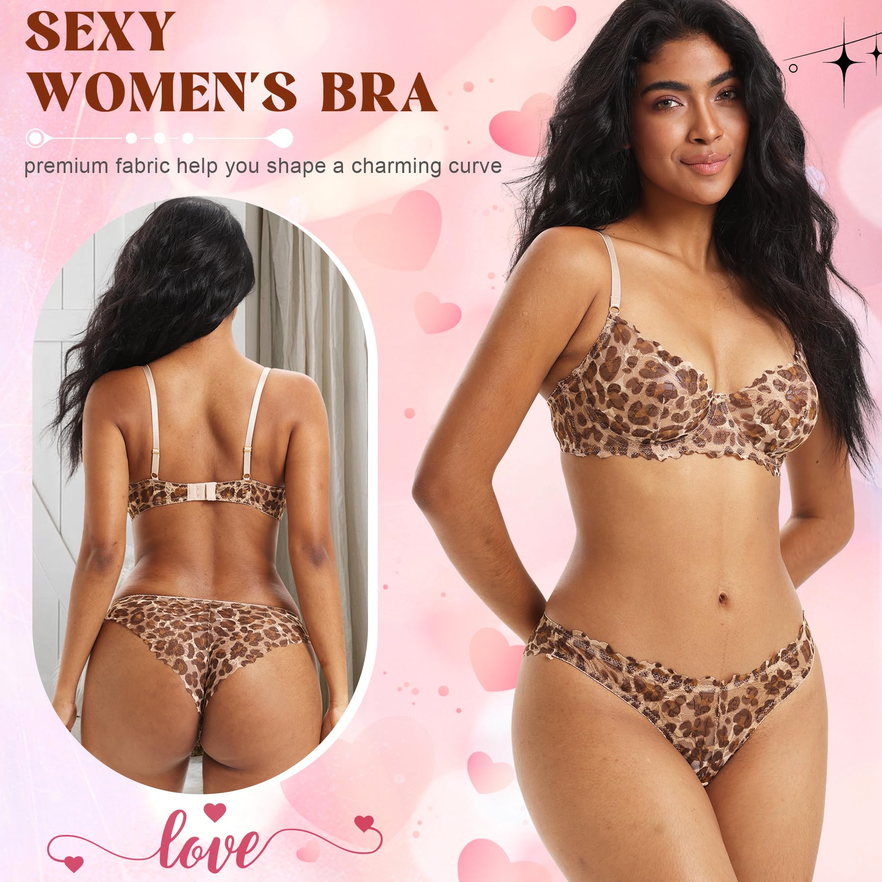 Sheer Lingerie Set for Women Leopard Print Underwire Lace Push Up Bar Matching Bra and Panty Set