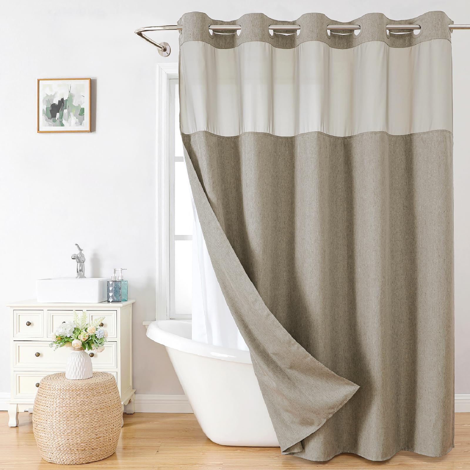 No Hooks Needed Linen Textured Shower Curtain with Snap-in Fabric Liner Set, Luxury Decor Shower Curtains for Bathroom with Mesh Top Window, Waterproof & Washable