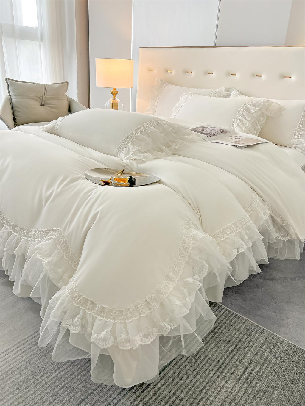 Chic Ruffle Lace Polyester Duvet Cover Set -Bedding-2 Piece Duvet Cover with Zipper Closure -Ultra Soft and Light Weight
