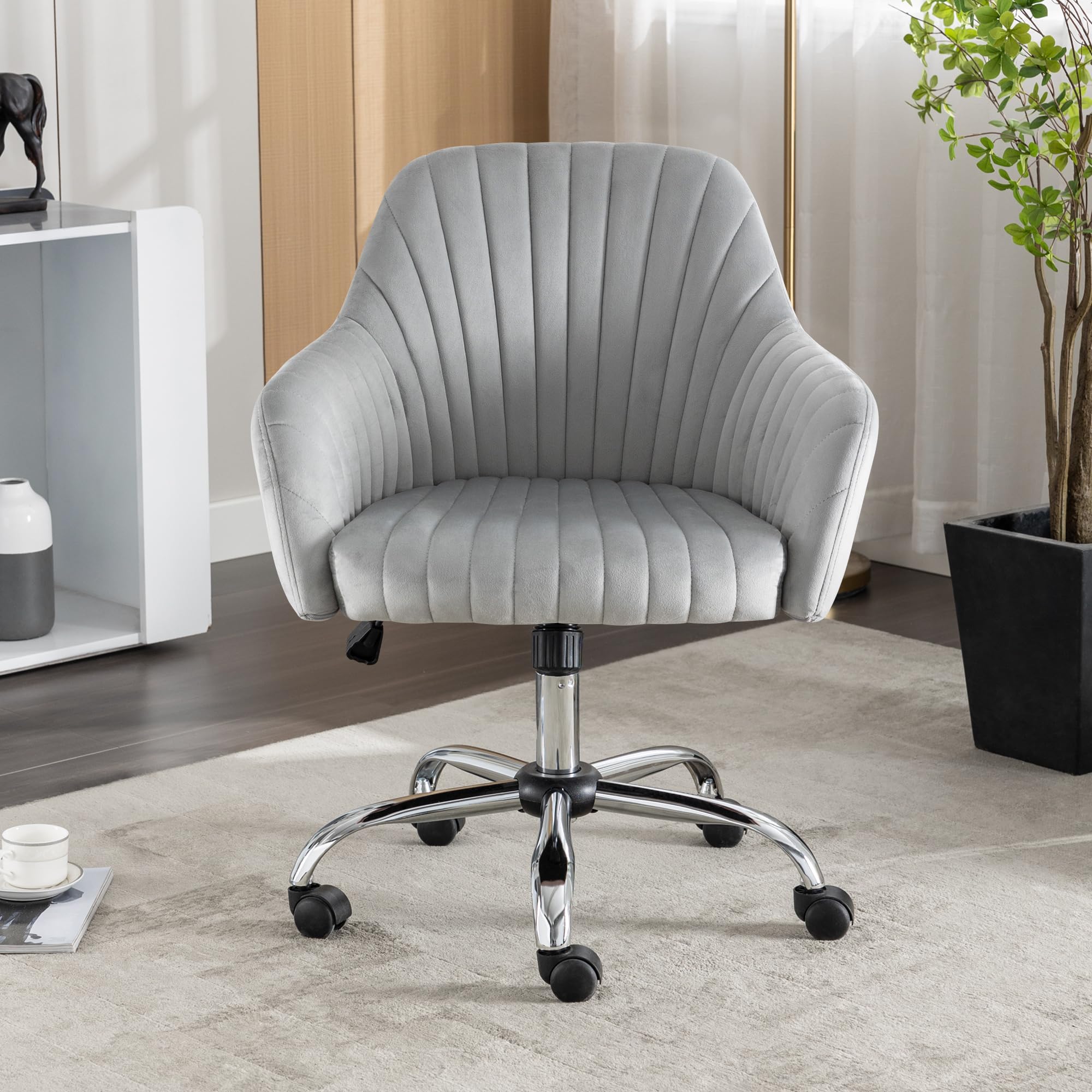 Modern Vanity Velvet Adjustable Low Back Rolling Chair, Twill Upholstered Cute Chair with Wheels
