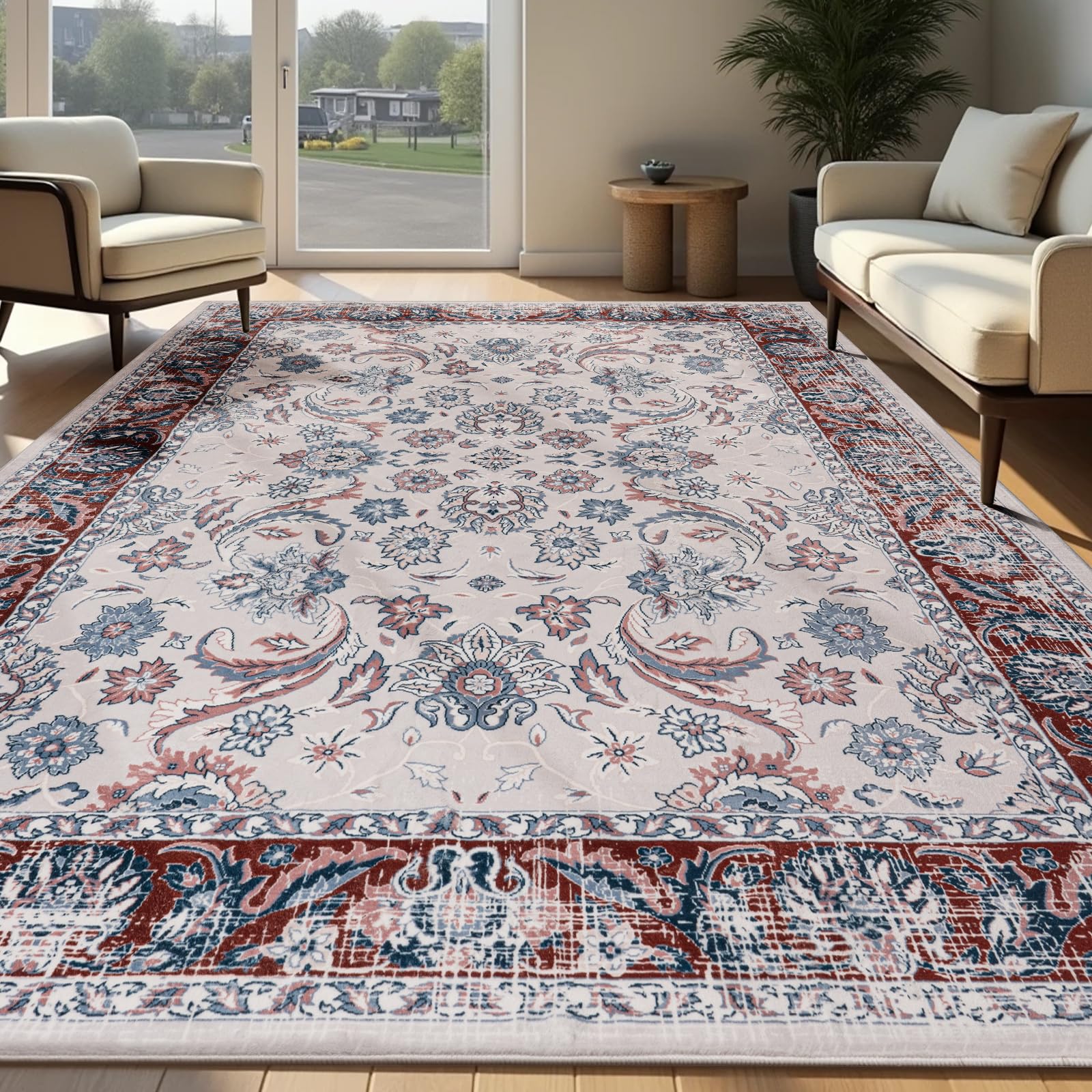 Washable Area Rugs Door Mat Entryway Vintage Floral Non-Slip Low Pile Entrance Thin Rug Carpet for Kitchen Bathroom Living Room Pink