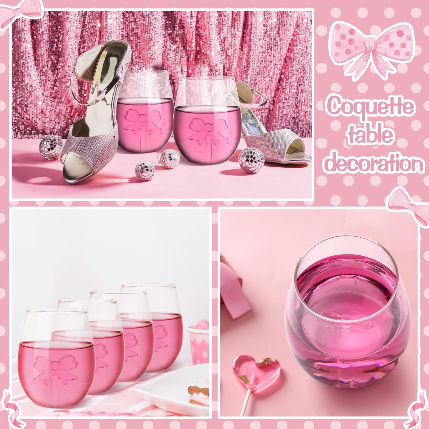 Pink Bow Stemless Wine Glass Coquette Glass Cups 20 oz Elegant Drinkware Handcrafted 2 Pcs