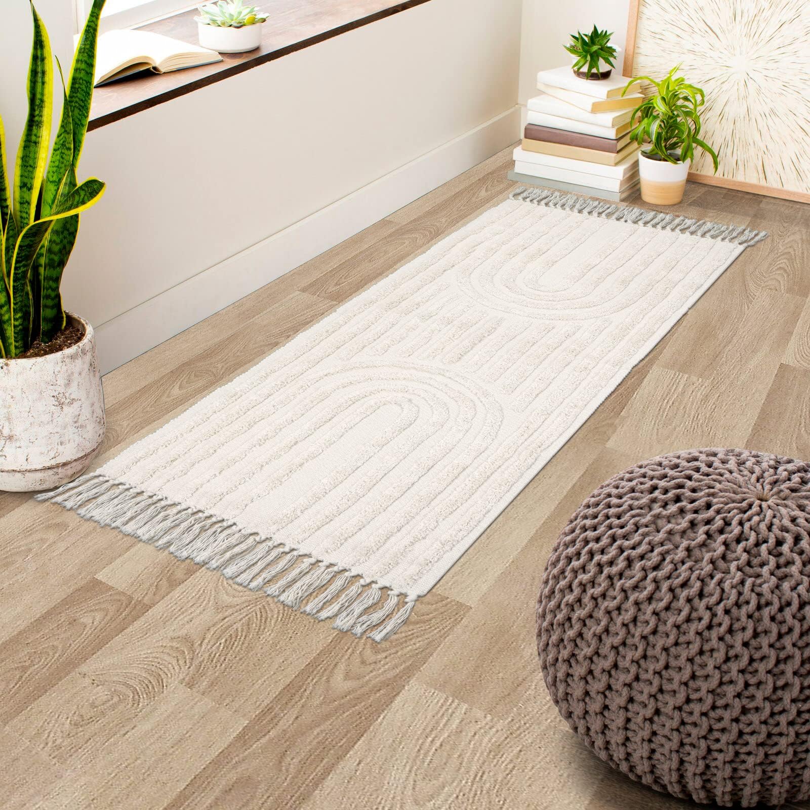 Washable Kitchen Runner Rug - Hand-Woven Bathroom Runner Rug with Tassels, Terracotta Entryway Runner Rug, Tufted Rainbow Bedroom Rug Runner, Hallway Rug for Laundry/Living Room