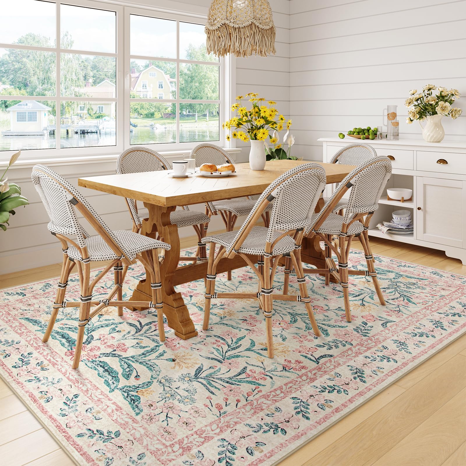 Machine Washable Boho Soft Floral Carpet Non Slip, Indoor Ultra-Thin Floor Carpet for Kid Room Living Room Dorm