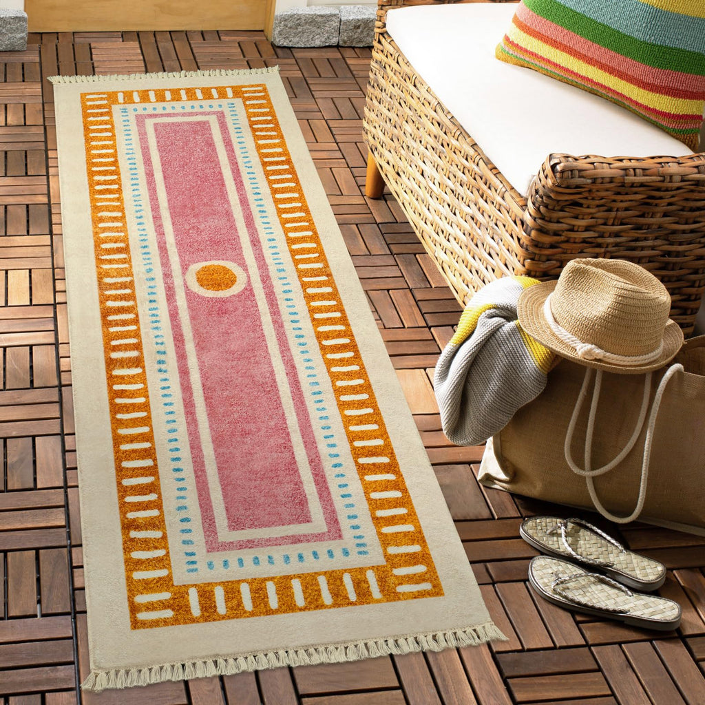 Orange Rainbow Boho Runner Rugs with Fringes, Sun Washable Hallway Runner Rug, Soft Non-Slip Area Rug